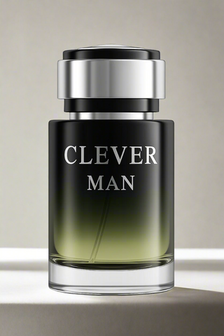 Perfume bottle labeled 'CLEVER MAN' on a white background