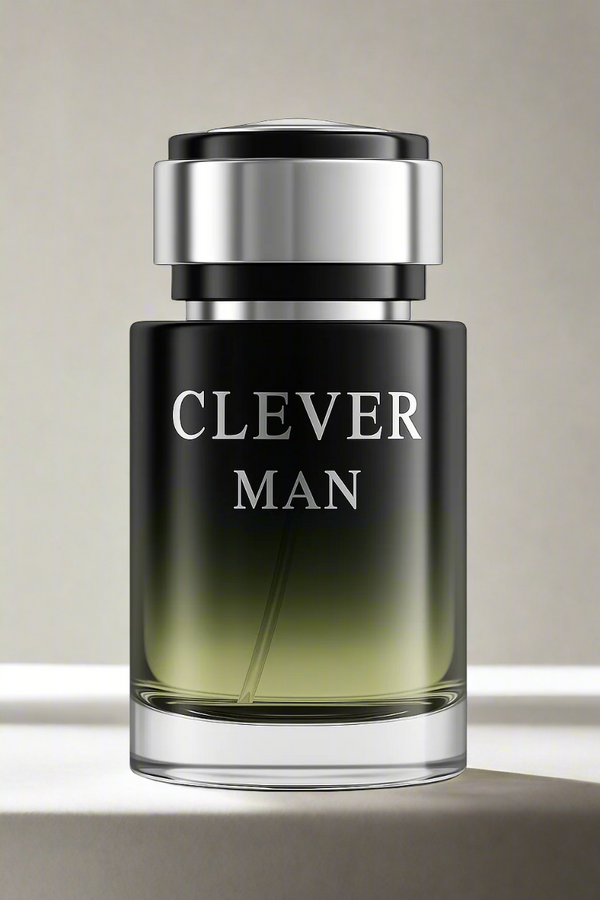 Perfume bottle labeled 'CLEVER MAN' on a white background
